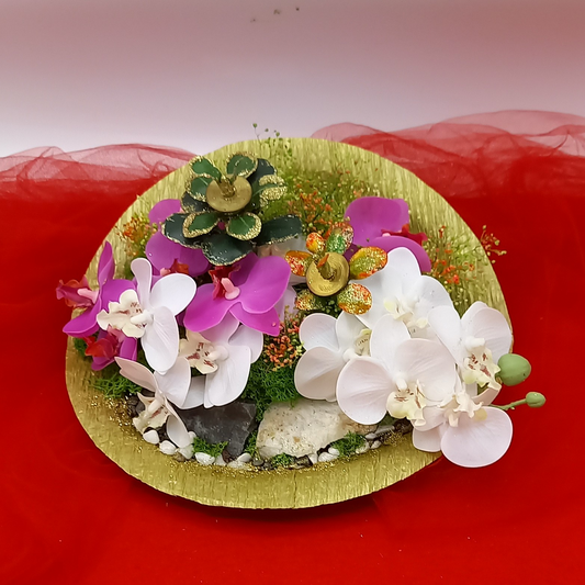 金運アップグッズ「手作り黄金姫花月&green金のなる木」&胡蝶蘭(アーティフィッシャルフラワー)miracle花アレンジ!(手づくり飾り皿仕上げ)