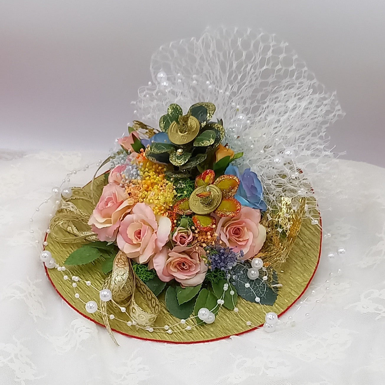 ■金運アップグッズ「黄金姫花月&グリーン金のなる木」&レインボーローズアーティフィッシャルフラワー苔花飾り皿アレンジ!