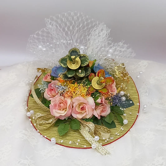 ■金運アップグッズ「黄金姫花月&グリーン金のなる木」&レインボーローズアーティフィッシャルフラワー苔花飾り皿アレンジ!