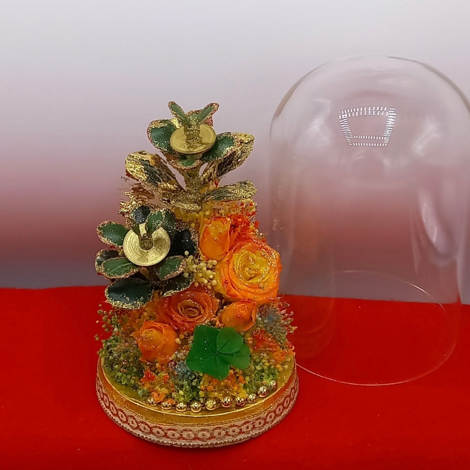 ミラクル「金のなる木」 ガラス製花器サンライズレインボーローズアレンジL