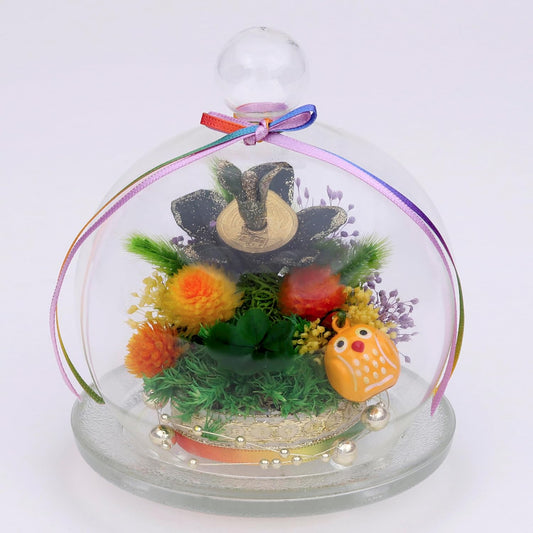 手作り金のなる木&千日紅 プリザーブドフラワー ガラスドーム入り