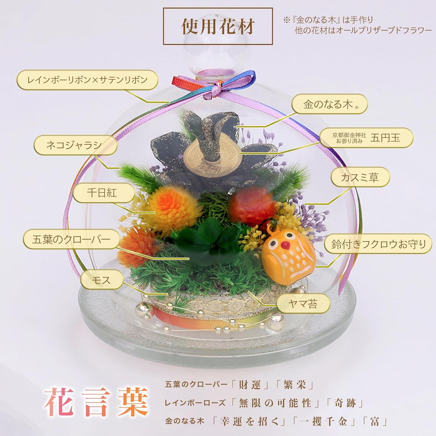 手作り金のなる木&千日紅 プリザーブドフラワー ガラスドーム入り