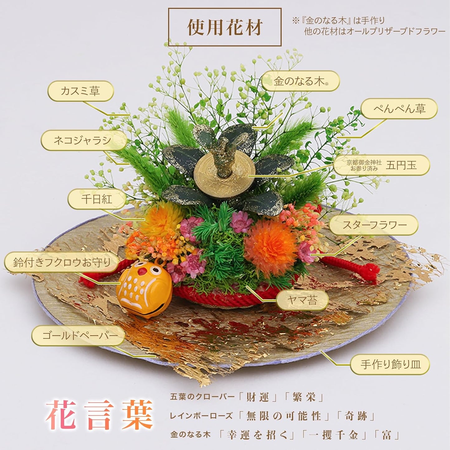 金のなる木&蛤貝 プリザーブドフラワー千日紅 飾り皿アレンジ