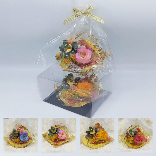 「手作り金のなる木」&レインボーローズ(アートフィッシャルフラワー)miracle花アレンジ