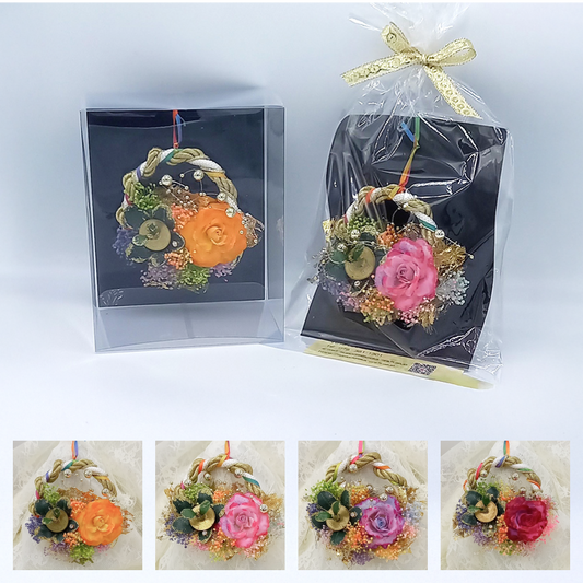 「手作り金のなる木」&レインボーローズ(造花)miracleミニリースアレンジ