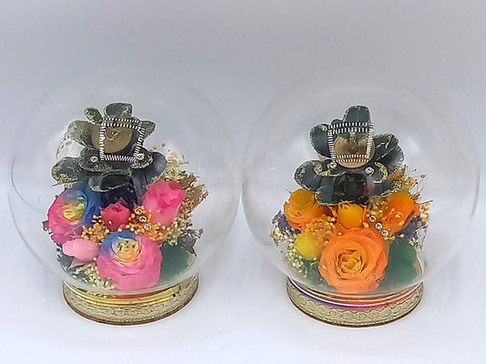 「手作り金のなる木」&プリザーブドフラワーレインボーローズ(2色)ガラスドームアレンジ