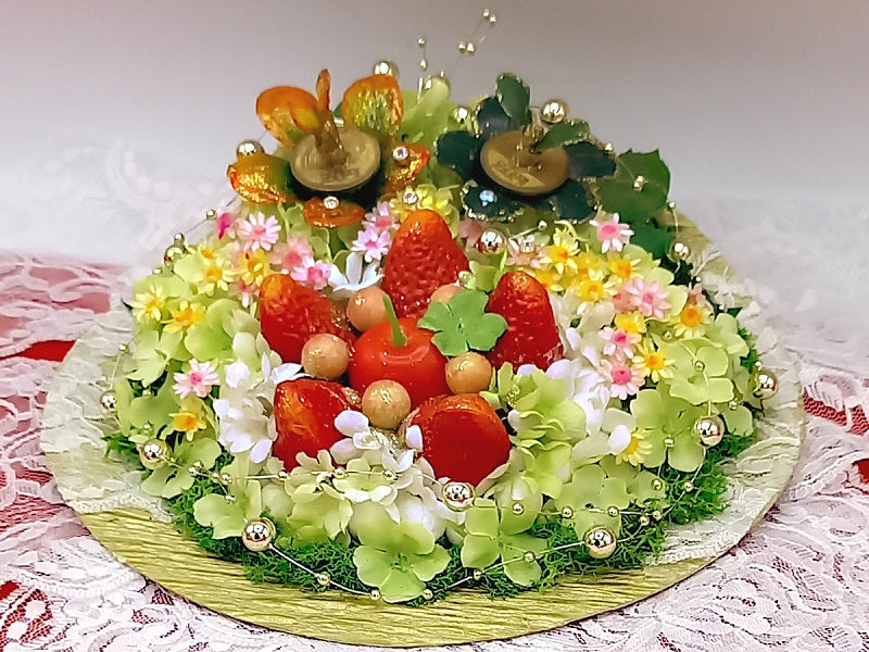 金運アップグッズ「手作り黄金姫花月金のなる木」&フェイクフルーツ花ケーキ風アレンジ❣