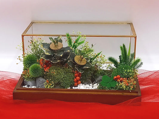 「手作り金のなる木」&オールプリザーブドフラワー苔と野草類のテラリウムアレンジメント