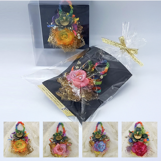 「手作り金のなる木」&レインボーローズ(造花)miracleプチブーケアレンジ