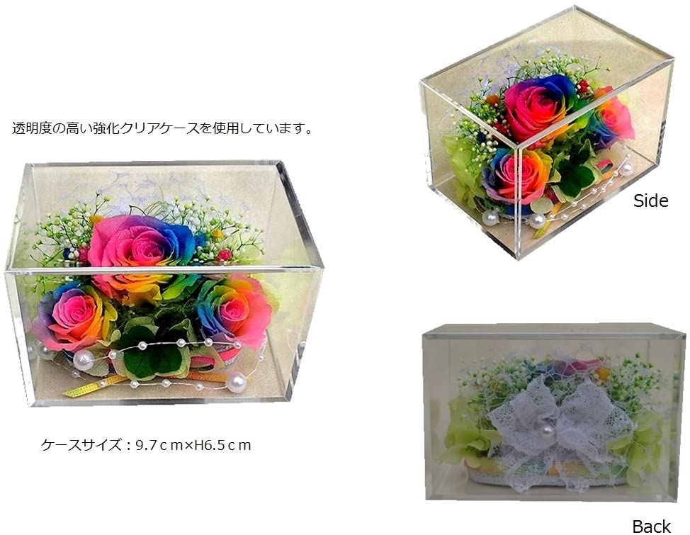 クローバー&虹色の薔薇 レインボーローズ3輪 プリザーブドフラワーアレンジ クリアキューブ 横長