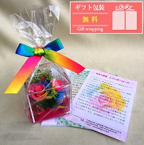 クローバー&虹色の薔薇 レインボーローズ2輪 プリザーブドフラワーアレンジ クリアキューブ 小