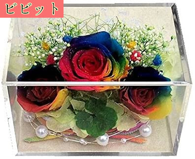 クローバー&虹色の薔薇 レインボーローズ3輪 プリザーブドフラワーアレンジ クリアキューブ 横長