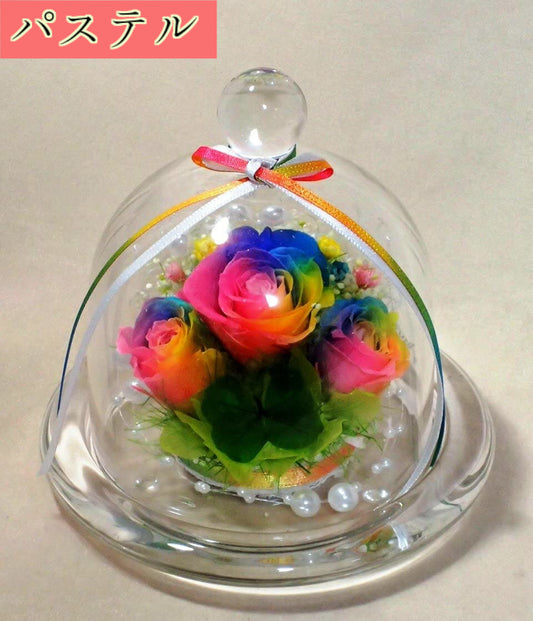 クローバー&虹色の薔薇 レインボーローズ3輪 プリザーブドフラワーアレンジ クリアガラスドーム M