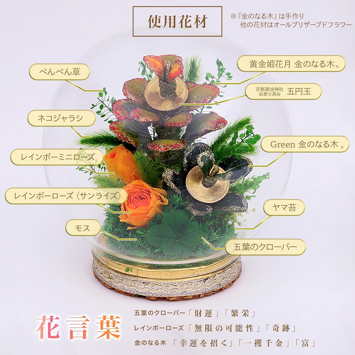 黄金姫花月＆金のなる木 レインボーローズ ガラスドームアレンジ