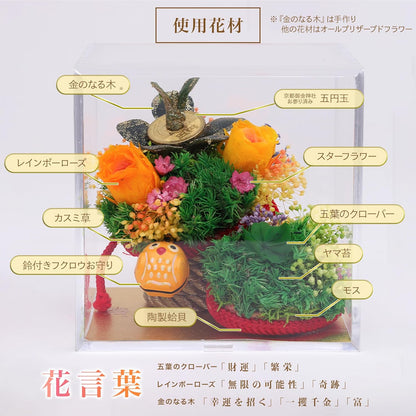 手作り金のなる木＆蛤貝合わせ プリザーブドフラワー 五葉クローバー付き クリアケース入り