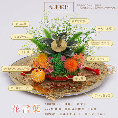 金のなる木＆蛤貝 プリザーブドフラワー千日紅 飾り皿アレンジ